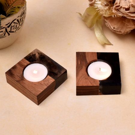 Square Wooden T-light Candle Holder -2 Piece